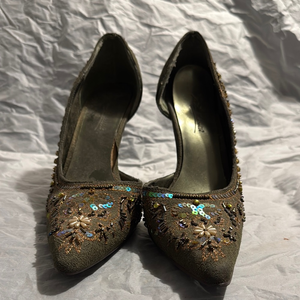 Embroidered Green Women's Heels